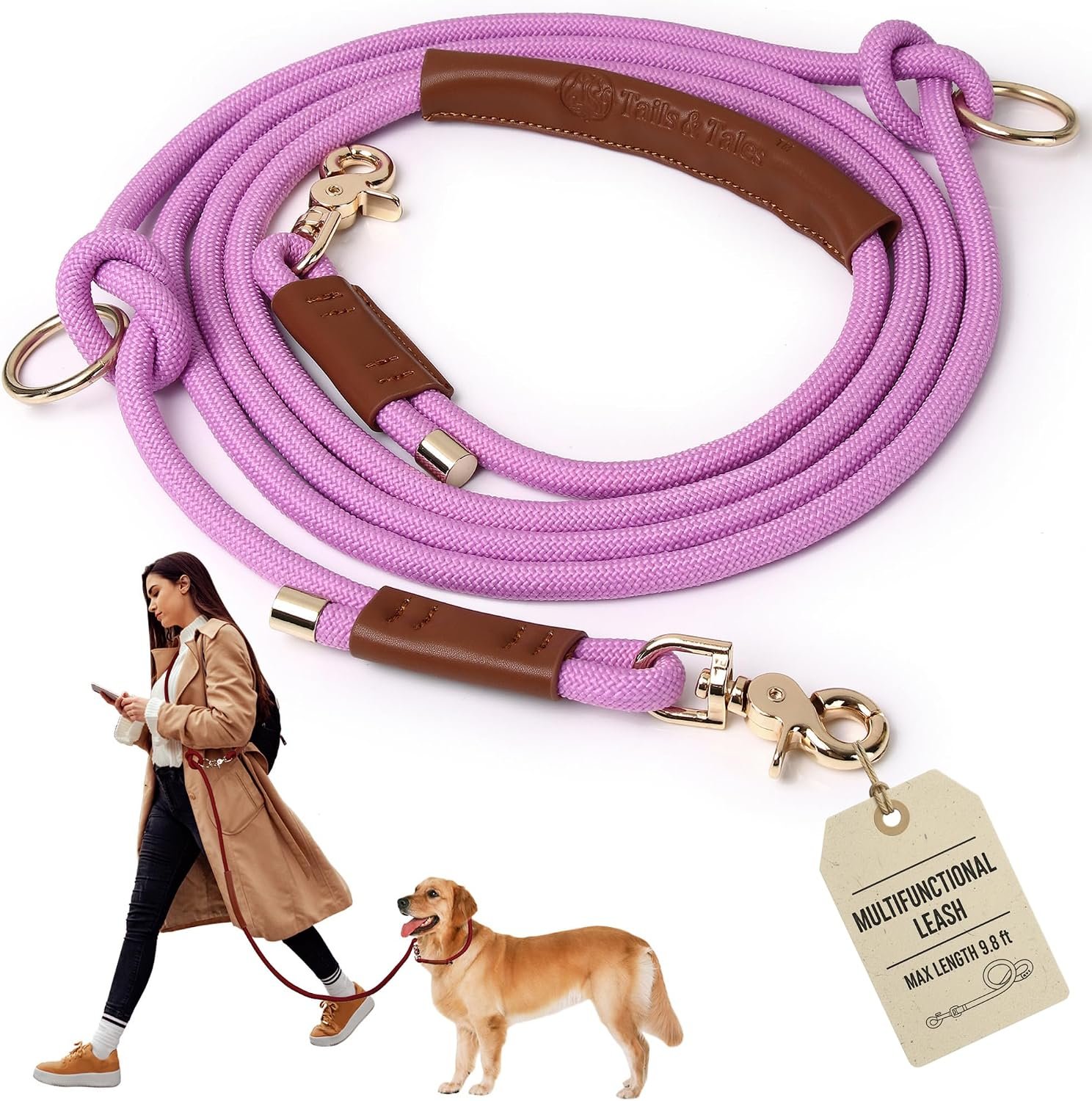 Hands Free Multifunctional Dog Leash for 1 or 2 Dogs, 9.8 ft, Opera Mauve