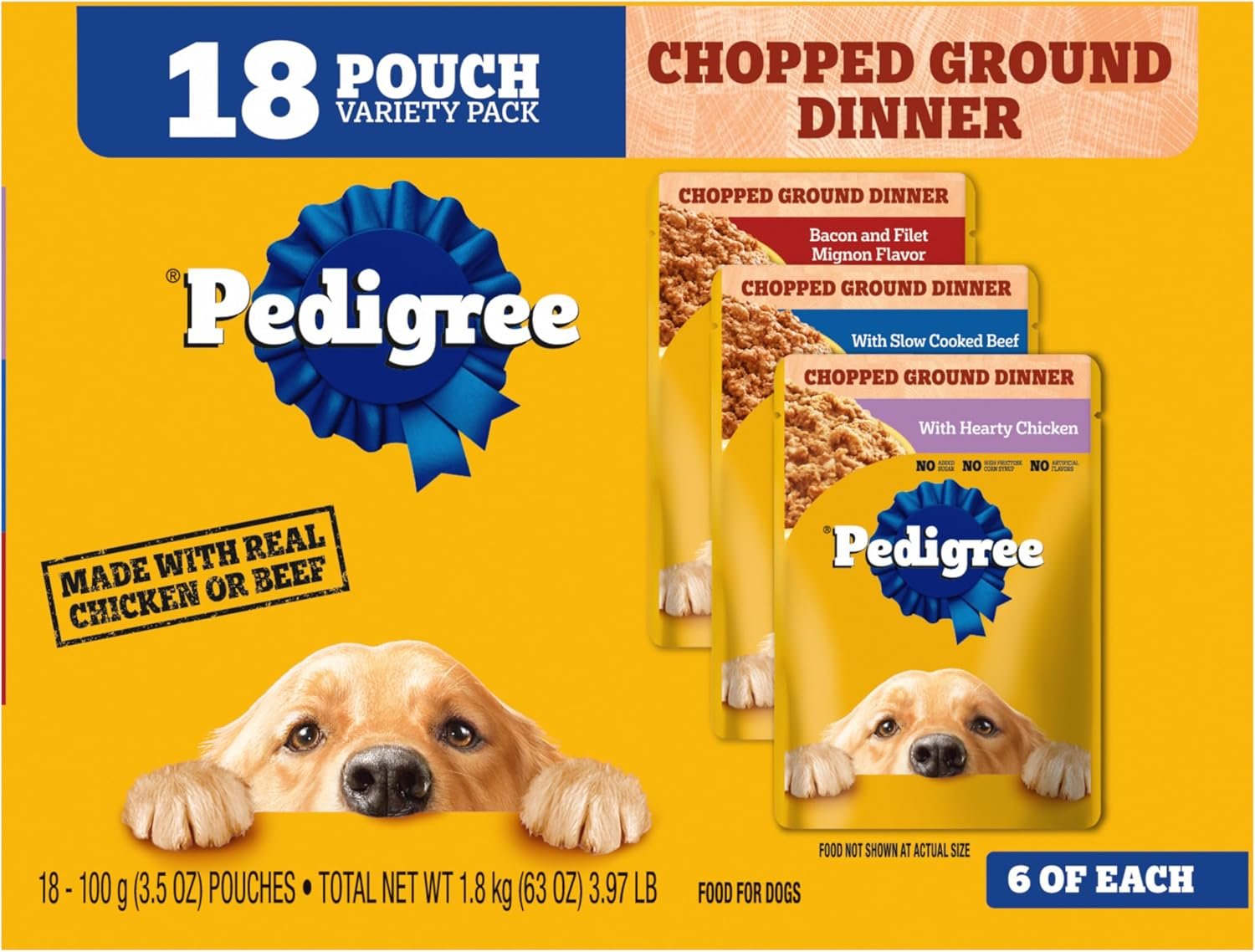 Pedigree Chopped Dinner Wet Dog Food Pouch, Variety Pack, 3.5 oz, 18 Count