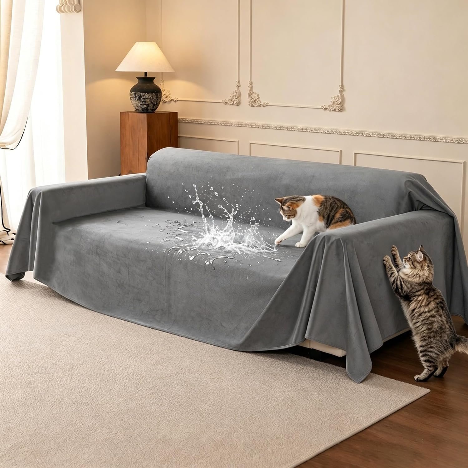 Loiion Cat Scratch Couch Cover Waterproof Sofa Cover 118″x71″ Gray