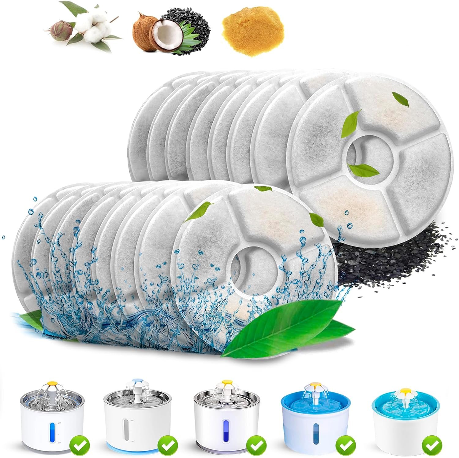 Cat Water Fountain Filters, Cat Fountain Filter Replacement Cartridges for 81 oz/2.4 L Automatic Pet Water Fountains,Cotton Activated Carbon and Foam Filter(Round 16 Pack)