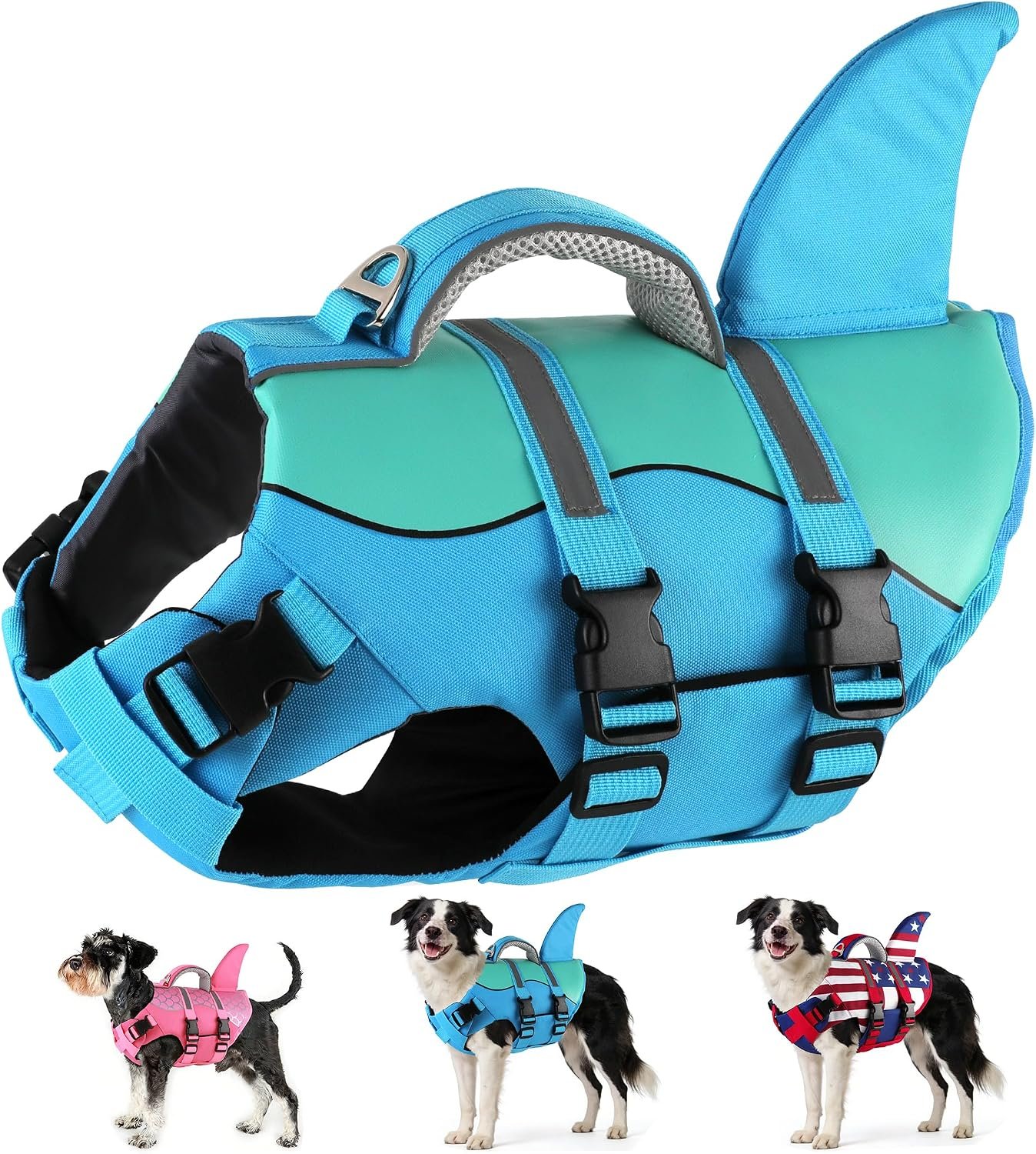 Dogcheer Dog Life Jacket Shark, Neoprene Harness Dog Life Vest with Lift Handle, Reflective Adjustable Pet Swim Float Vest for Small Medium Large Dogs – Blue, L
