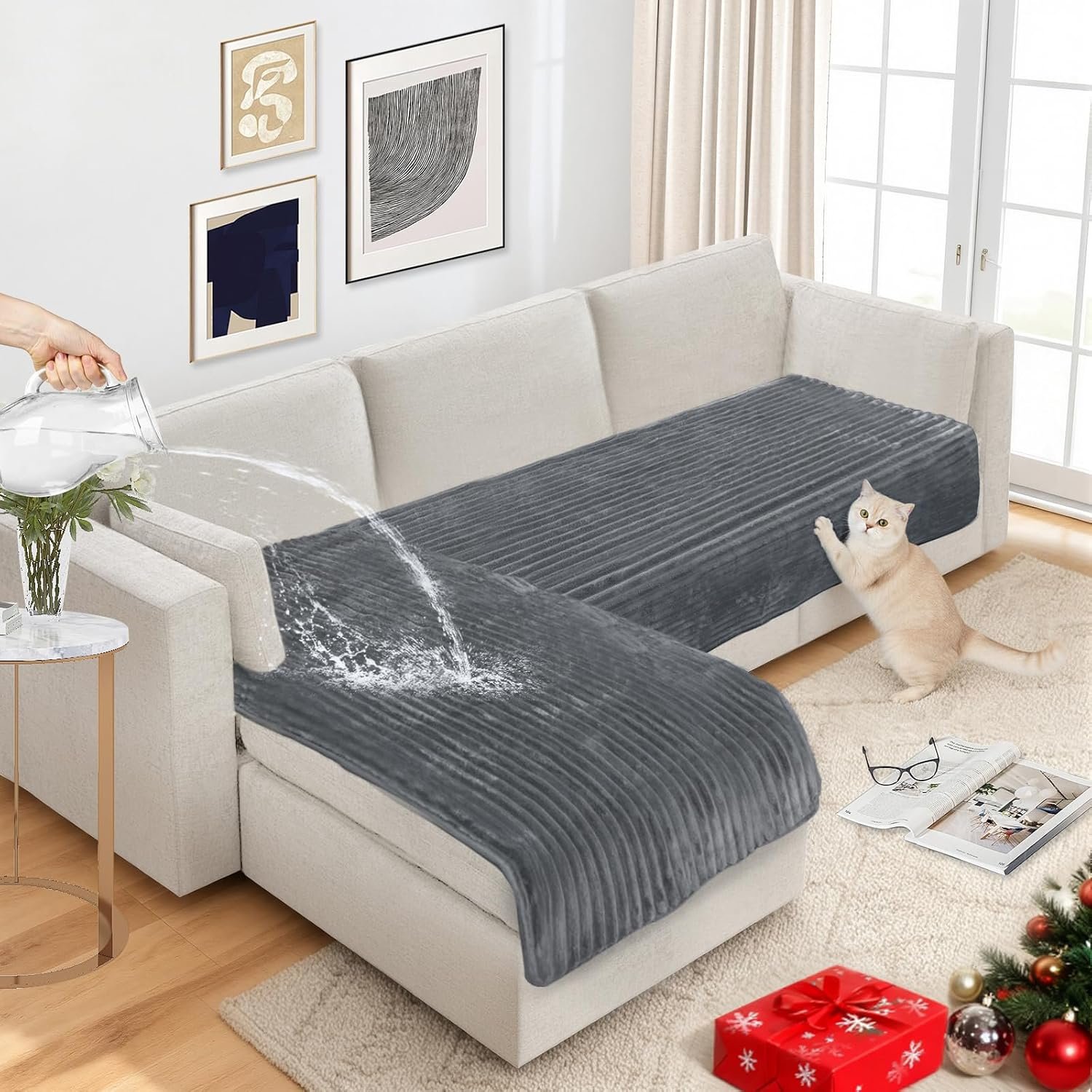 NAISI Couch Covers for Dogs Waterproof Flannel Striped Sofa Cover Pet Friendly Washable Dog Mat for Couch Anti Slip Sectional Sofa Slipcover Protector(2pcs/35″x63″+35″x70″,Dark Grey)