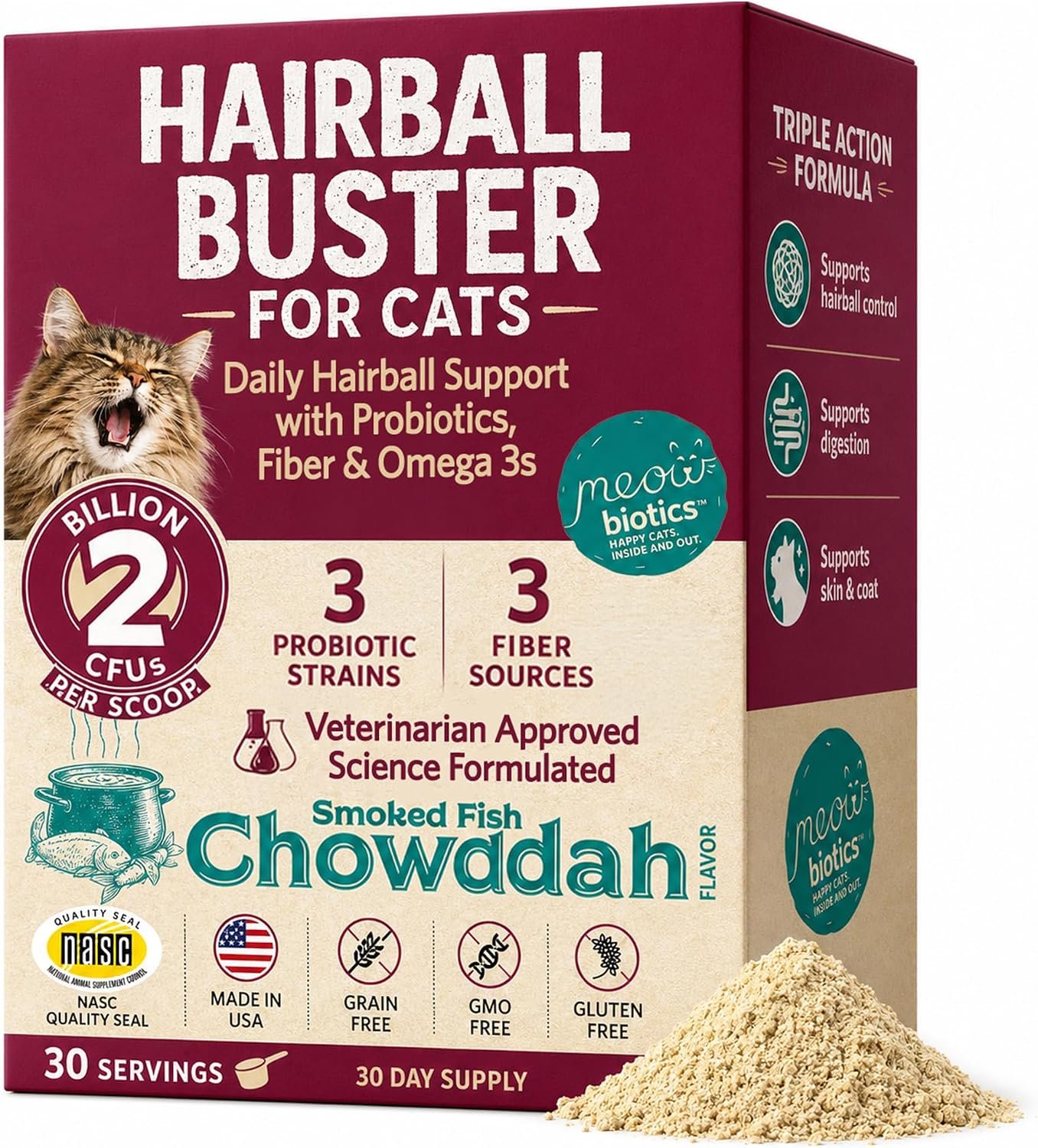 Hairball Buster Powder for Cats, Smoked Fish Flavor, 30 Servings