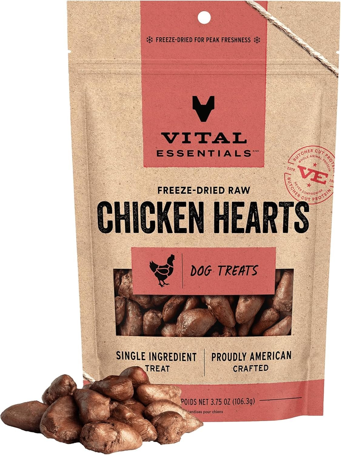 Vital Essentials Freeze Dried Raw Chicken Hearts Dog Treats, 3.75 oz Bag