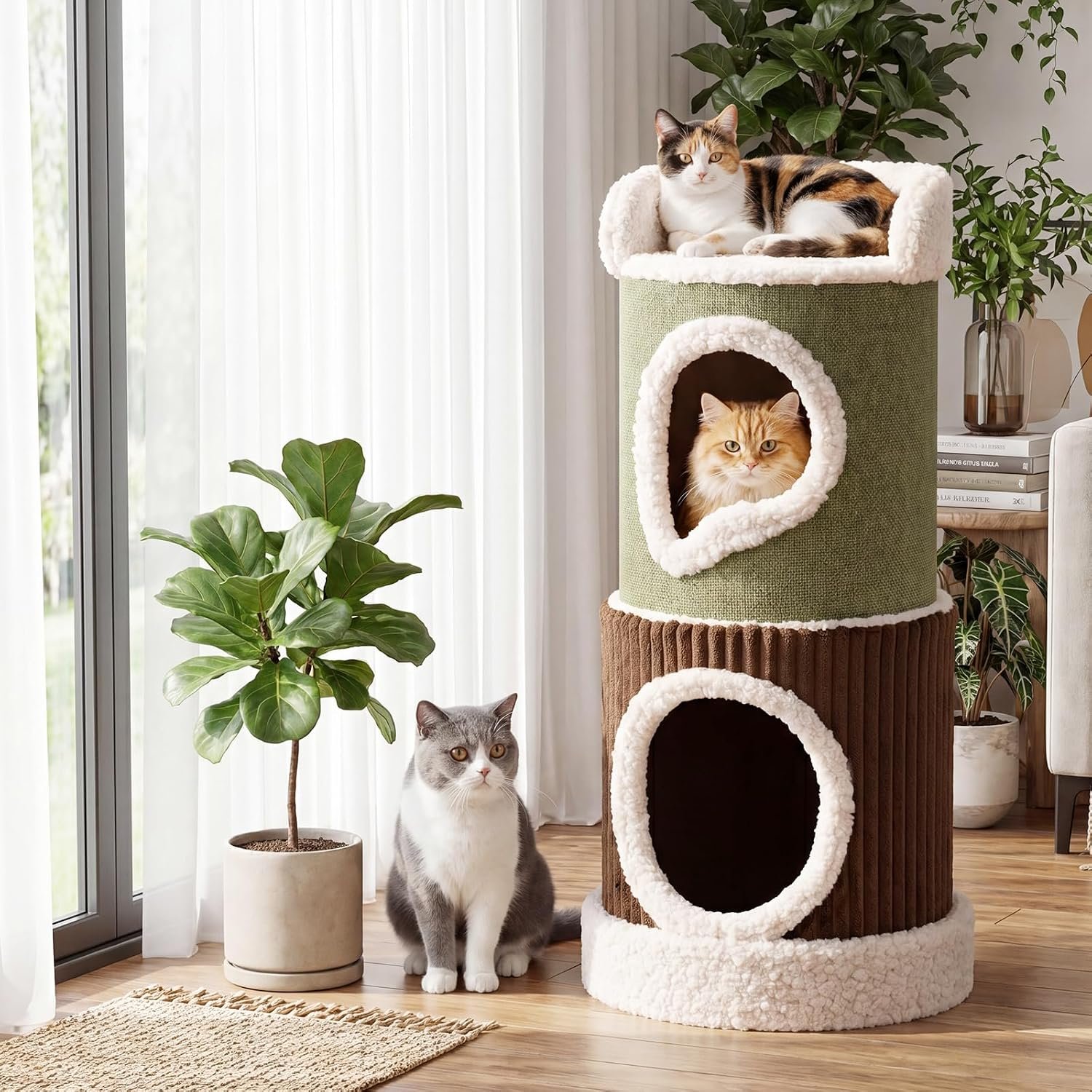 PETSITE 33.5-inch Barrel-Shaped Cat Condo, 2 Story Cat House with Top Perch and Comfy Interior Mats, Modern Cute Cat Hiding Spots for Indoor Cats