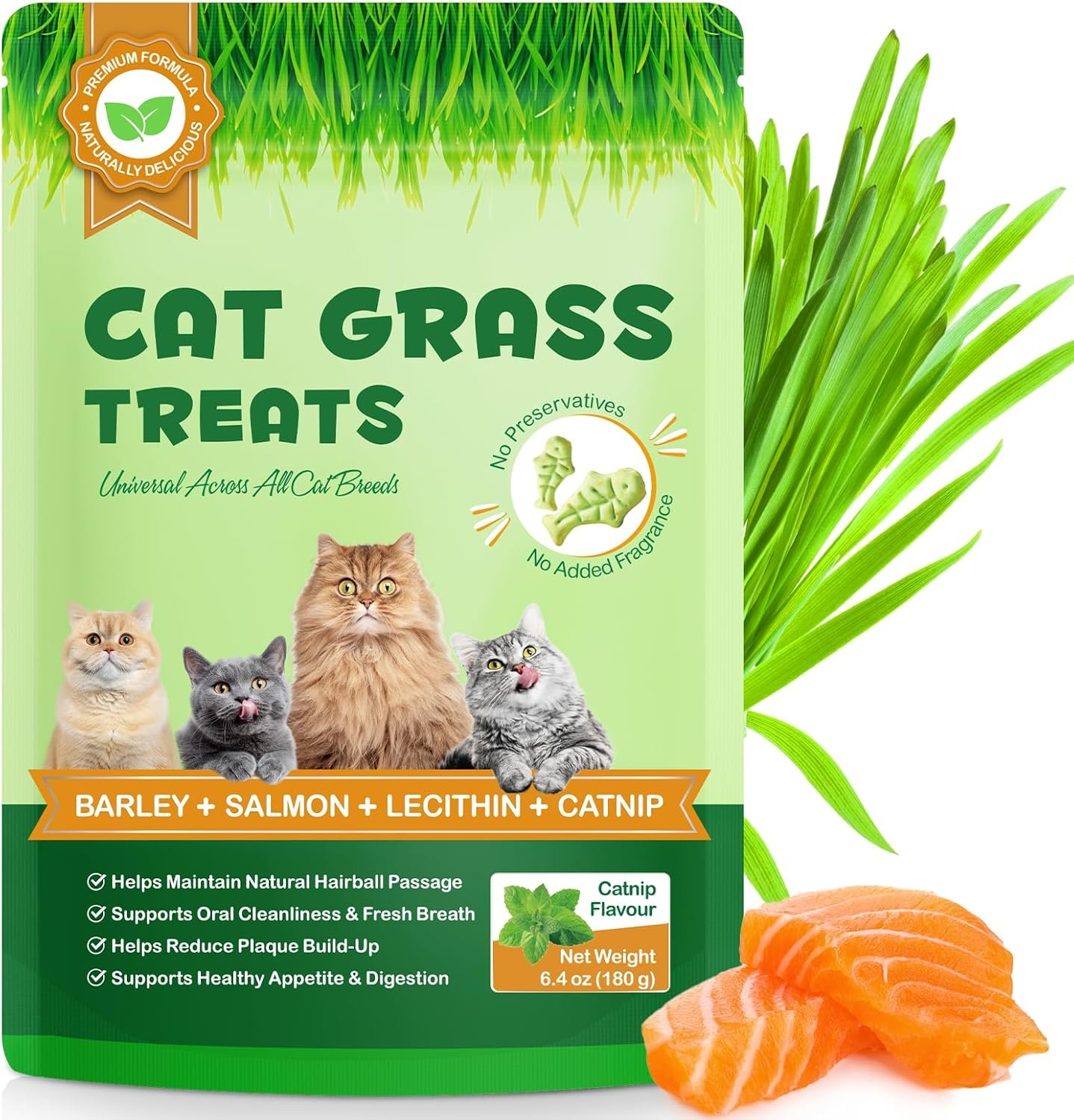 180g/6.4oz Cat Grass Treats for Hairball Control, Natural Teeth Cleaning & Fresh Breath, Crunchy Catnip Flavored Biscuits with Barley Grass, Cat Training Rewards for All Breeds