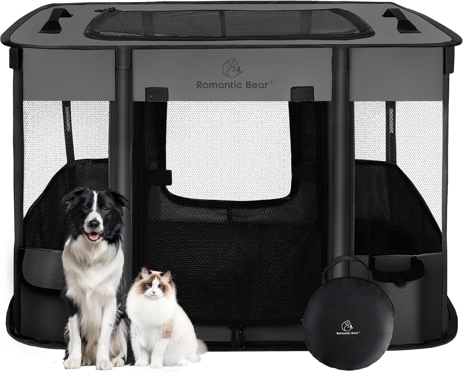 ROMANTIC BEAR Dog Playpen,Foldable Pet Puppy Cat Playpen,L(40″x32″x24″) | Dog Crate with Upgrade Breathable Mesh and Durable 600D Oxford Cloth,Sturdy Dog Cage Indoor & Outdoor for Small Animals,Grey