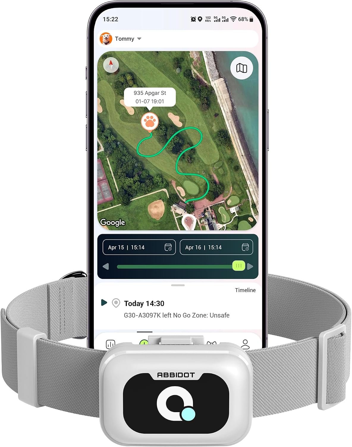 ABBIDOT GPS Tracker for Dogs – Real-Time Pet Tracker with Virtual Fence, Activity Monitor, Location History, Escape Alerts, 3-Mode Night Light, GPS Dog Tracker with Health & Behavior Monitoring