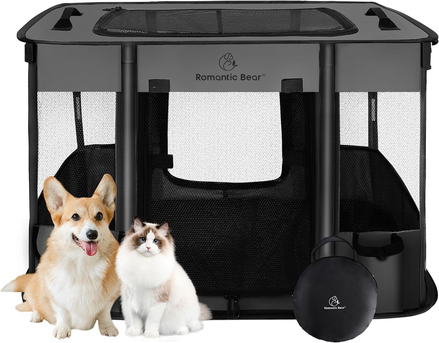 ROMANTIC BEAR Dog Playpen,Foldable Pet Puppy Cat Playpen,M(31″x23″x21″)
