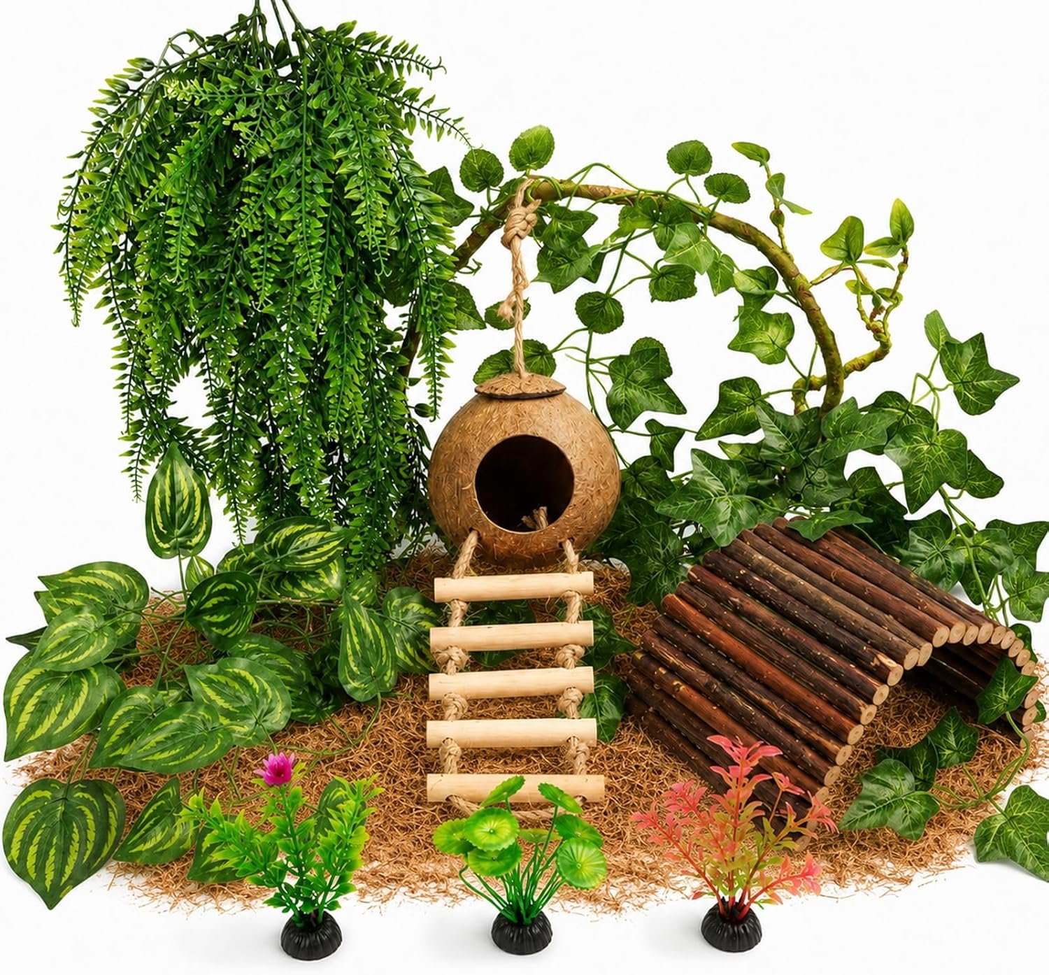 RUNANIA Crested Gecko Tank Accessories，Reptile Vines Plants with Coconut Shell Ladder Hideout Hermit Crab Decor for Leopard Gecko Lizard Chameleon Tortoise Snake Terrarium Decor