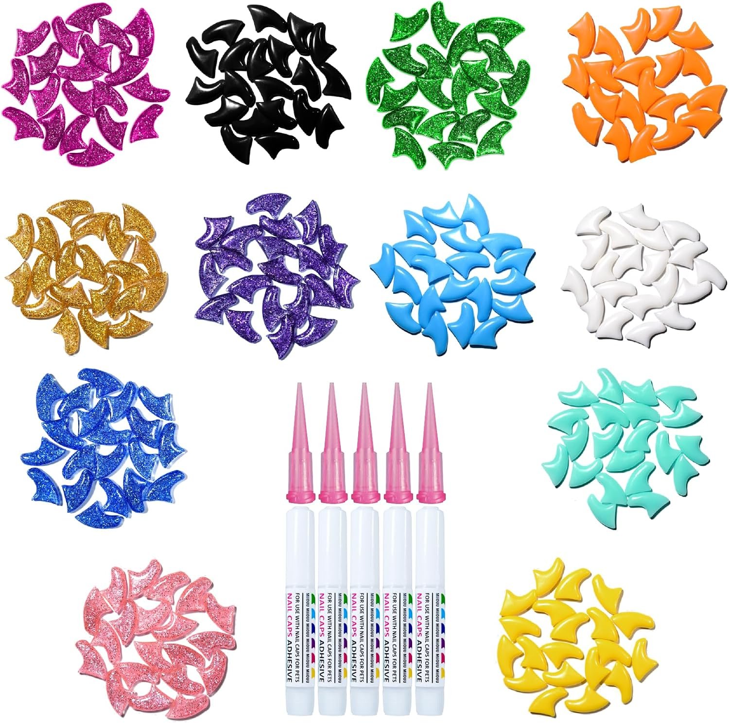 10x Colors / 100 pcs Cat Nail Caps | Cat Claw Covers with Adhesives and Applicators | Alpha (M)