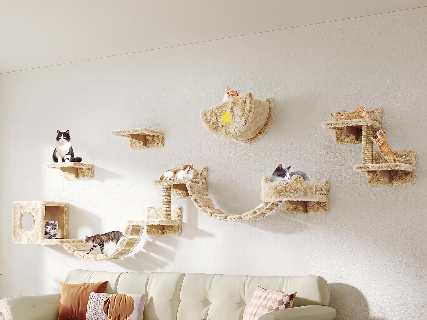 Cat Wall Furniture, 13 in 1 Moon & Bridge Cat Wall Shelves, Beige