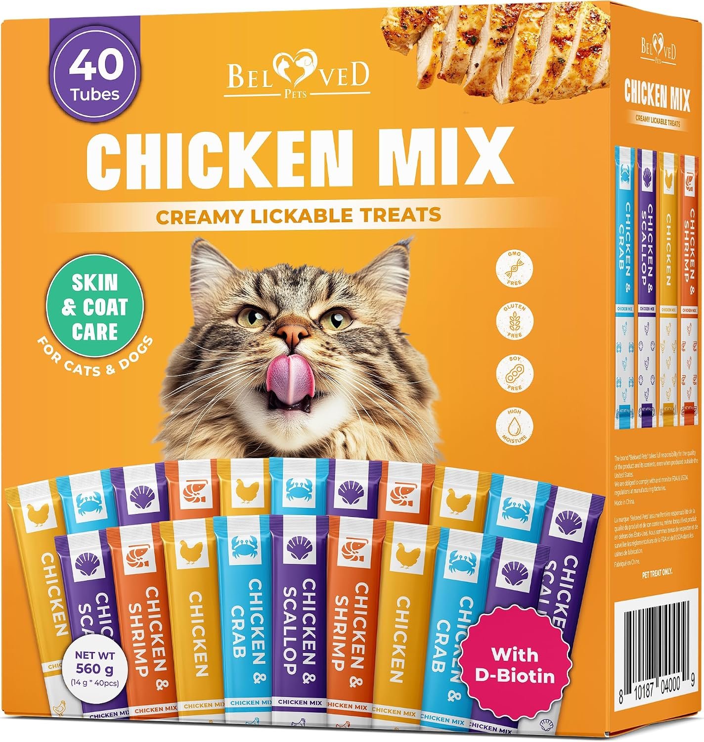 Beloved Pets Creamy Lickable Cat Treats & Wet Food Squeeze Tubes – Liquid Kitten Snacks, Skin & Coat Health, Multivitamin Treats for Cats, & Small Dogs, Lick Up Chicken Mix (40 Sticks)