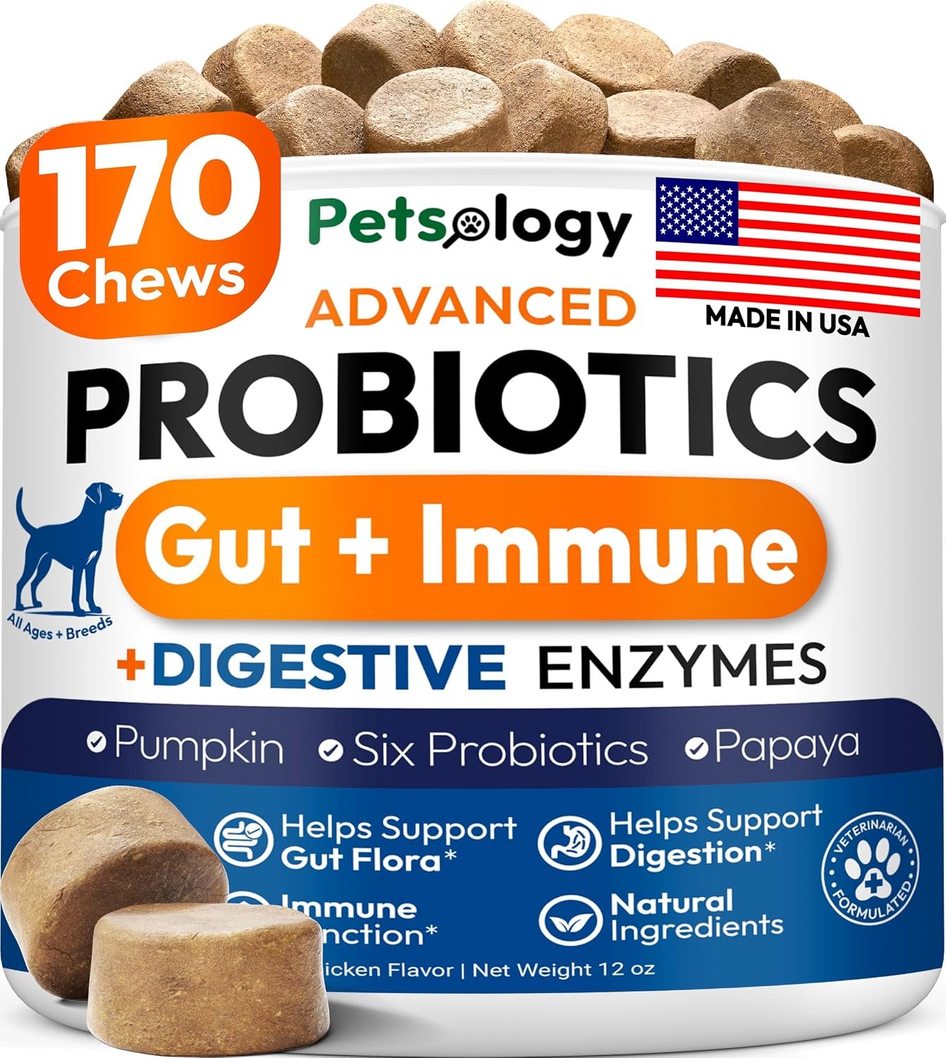 Probiotics for Dogs – 170 Dog Probiotics Chews – Digestive Enzymes Support