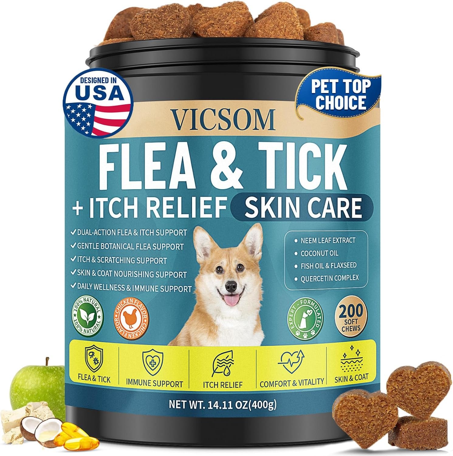Flea and Tick Prevention for Dogs, Itching Skin Relief for Dogs, 200 Chews