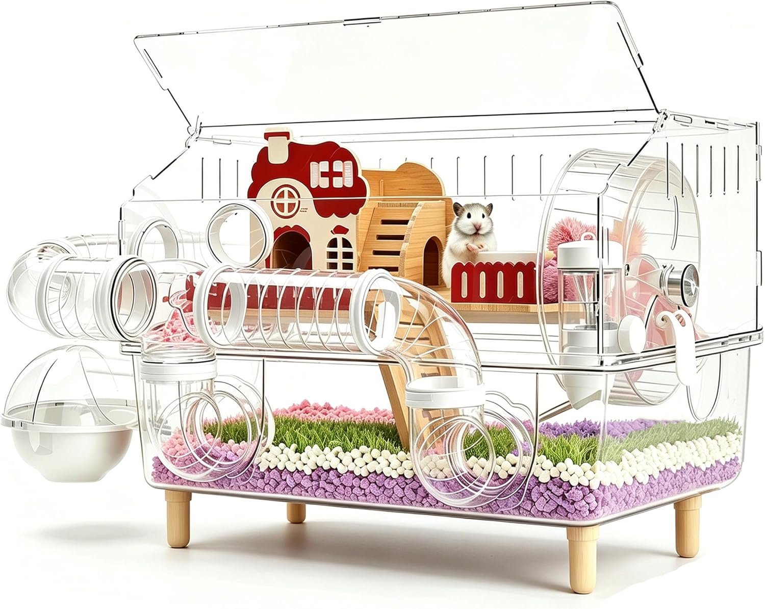 8 in 1 Acrylic Hamster Cage,2 Tier Dwarf Hamster Cage with 360° Transparent Viewing,Hamster Habitat Gerbil cage Top Open Mouse Cage with Tubes for Pet Mice (Clear, 17.7″x13″x11.8″)