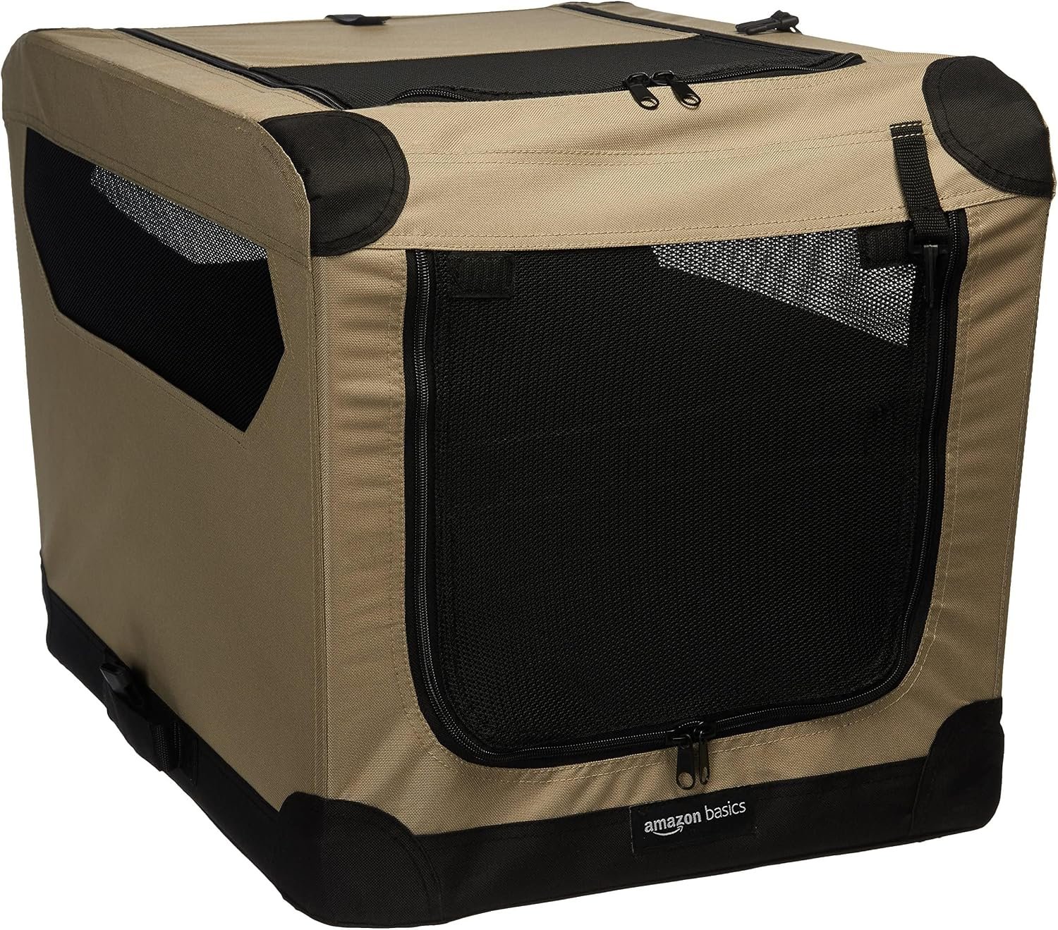 Amazon Basics Portable Folding Soft Dog Crate, 2-Door, Collapsible Travel Kennel, Top & Front Loading, Small 26″ x 18″ x 18″, Tan