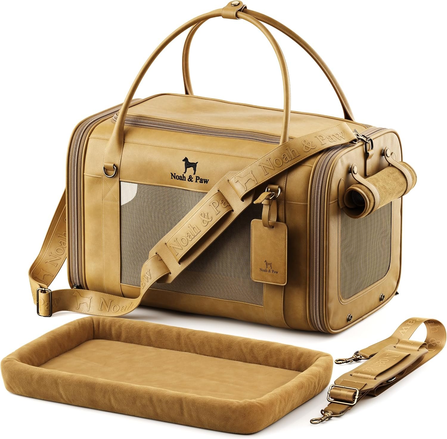 Noah & Paw Cat Carrier Soft Dog Carrier for Small Dogs, TSA Airline Approved 18x11x11in Cat Crate, Pet Travel Crate, Small Pet Kennel, Mattress Included, Camel Faux Leather