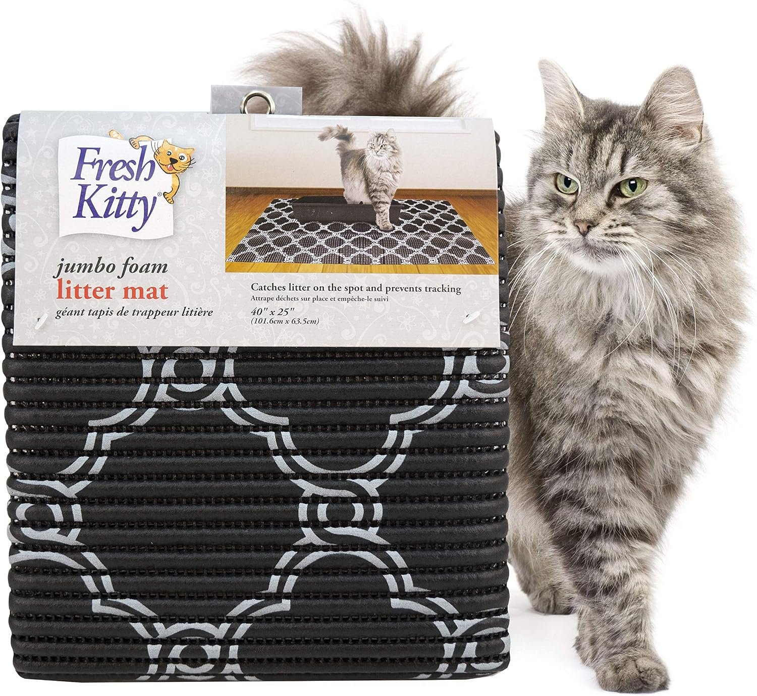 Fresh Kitty Durable XL Jumbo Foam Litter Box Mat – No Phthalate, Water Resistant, Traps Litter from Box, Scatter Control, Easy Clean Mats – Black & White 40″x 25″, Black/White Quatrefoil (9036)