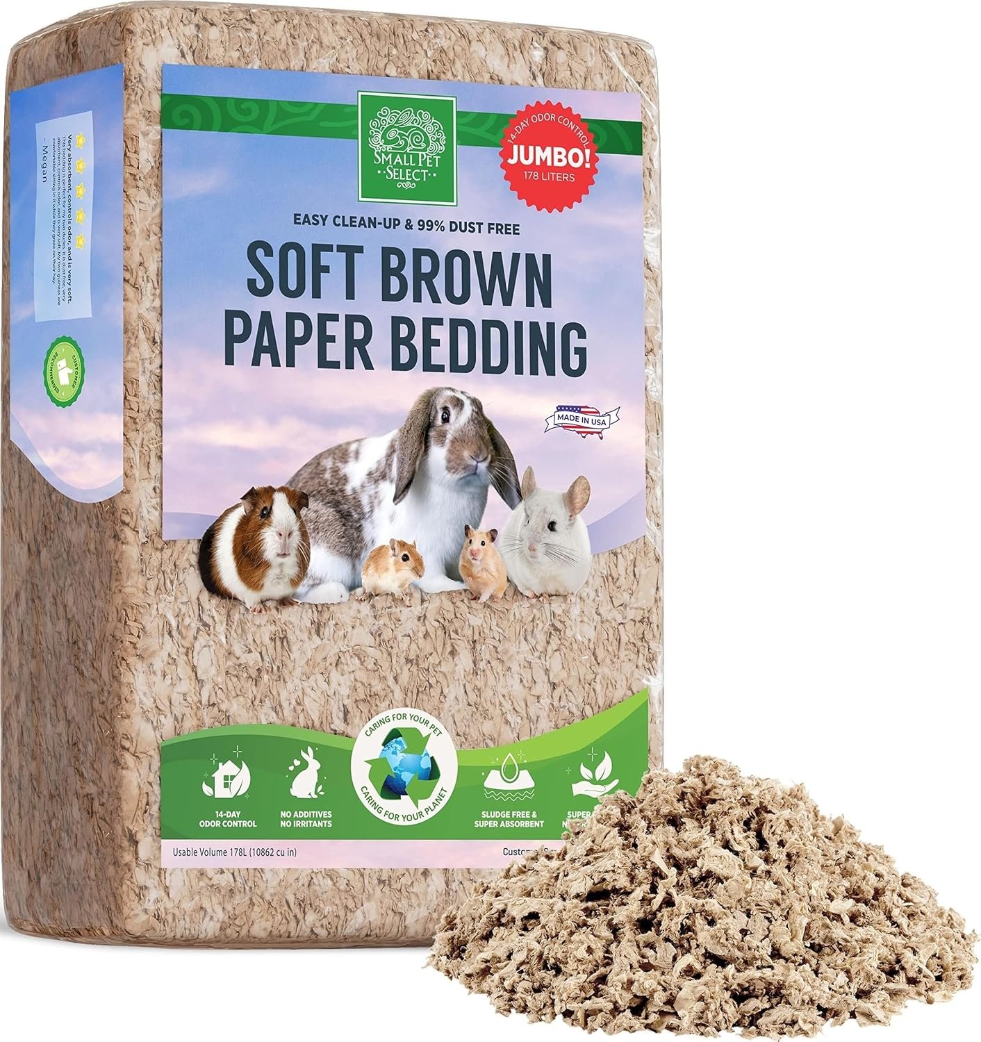 Small Pet Select Premium Small Animal Bedding, Natural Soft Paper Bedding for Small Indoor and Outdoor Pets, Made in USA, Jumbo Size 178 L Pack