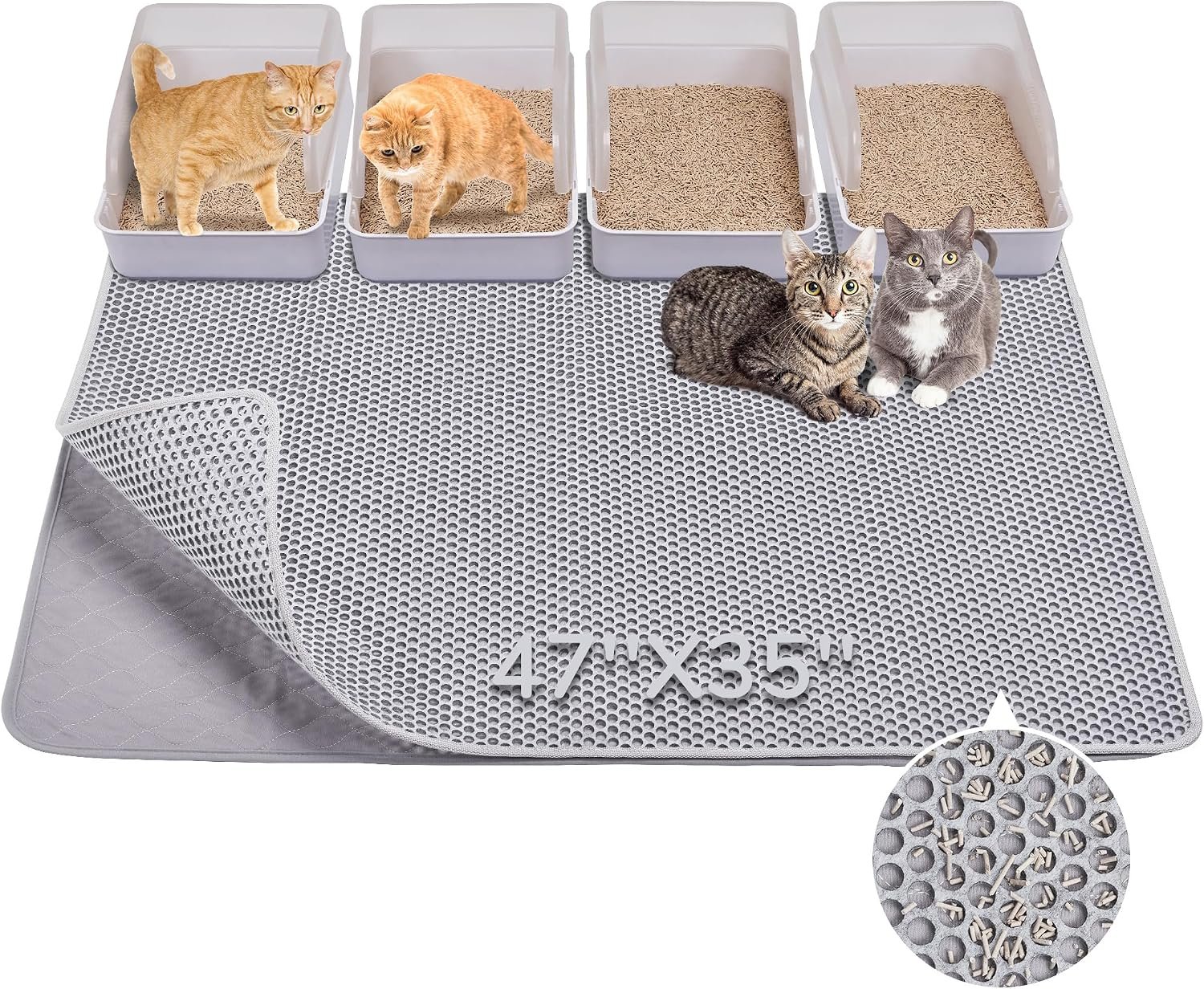 BurgeonNest Cat Litter Mat 47″ x 35″ XL, Washable Urine-Proof Non-Slip Gray