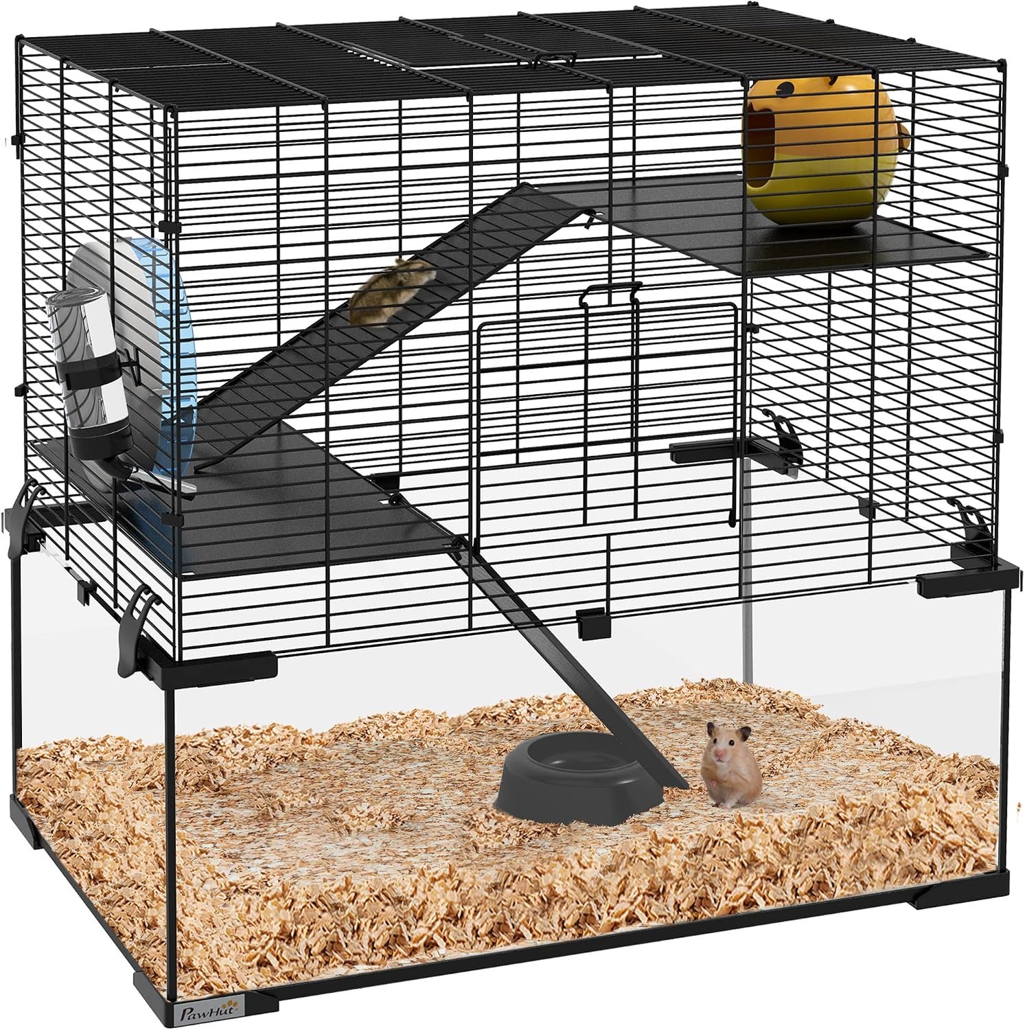 PawHut Large Hamster Cage with Deep Tempered Glass Bottom, 3 Tiers Hamster Tank with Running Wheel, Hut, Water Bottle, Dish, Rat Cage for Syrian, Dwarf, Gerbils, Mouse, 23.5″ x 16″ x 22.5″, Black