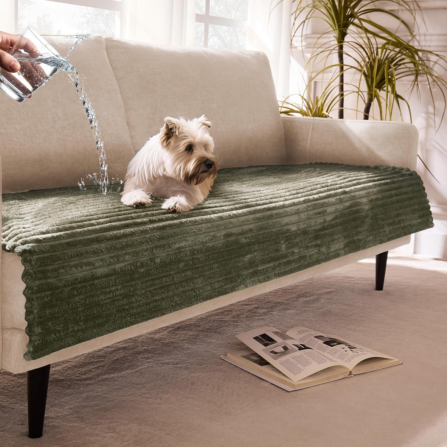 Dual Non-Slip Couch Cover for Dogs Waterproof, Fuzzy Soft Pet Couch Covers for Sofa 3 Cushion, Pet Friendly Soft Dog Bed Covers Sofa Cover Washable (Sage Green, 33″ x 85″ 1 Pack)