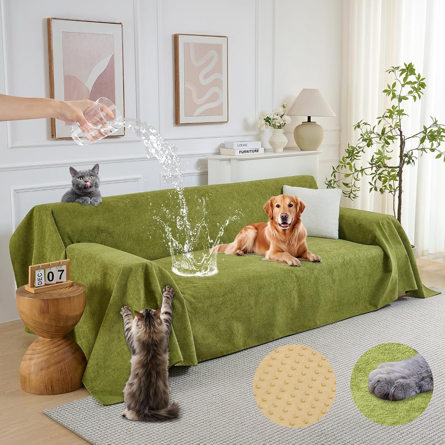 PuTian 100% Waterproof Couch Cover for Dogs, 71″x118″, Boho Green | Anti-Scratch, Non-Slip Cover for L-Shaped Sectionals & Recliners, Pet & Kid Friendly, Machine Washable, Stays in Place