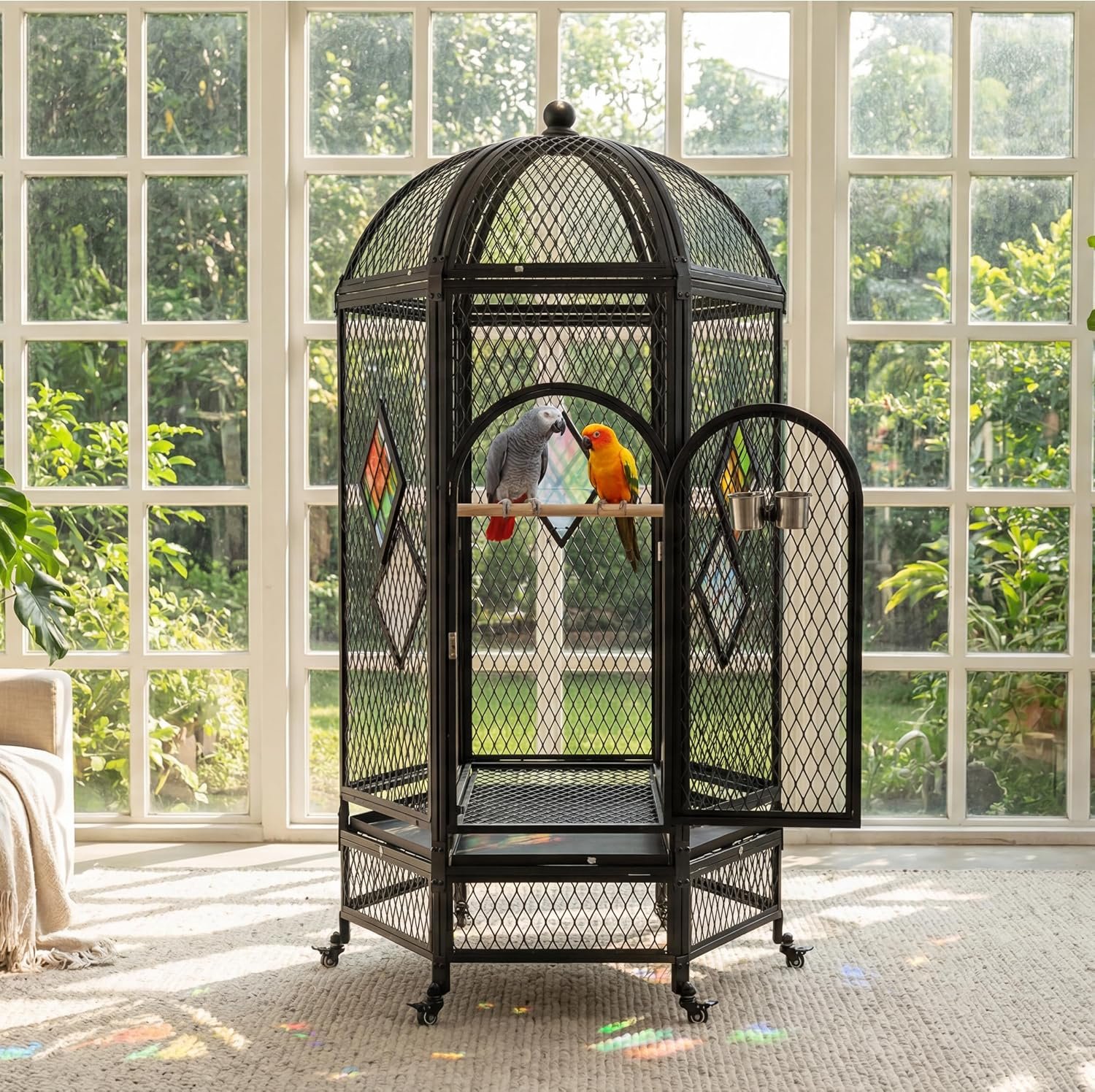 69-Inch Dome Top Bird Cage for Large Parrots, Rolling Aviary, Black