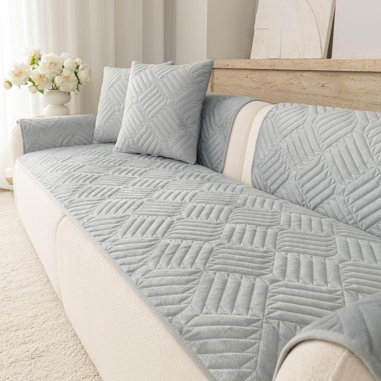 Washable Couch Cover for Pets Dogs, Non-Slip Waterproof Pet Sofa Protector for 3-Cushion Sectional, L-Shaped Sofa & Loveseat(1PC/27.6″x27.6″,Light Grey)