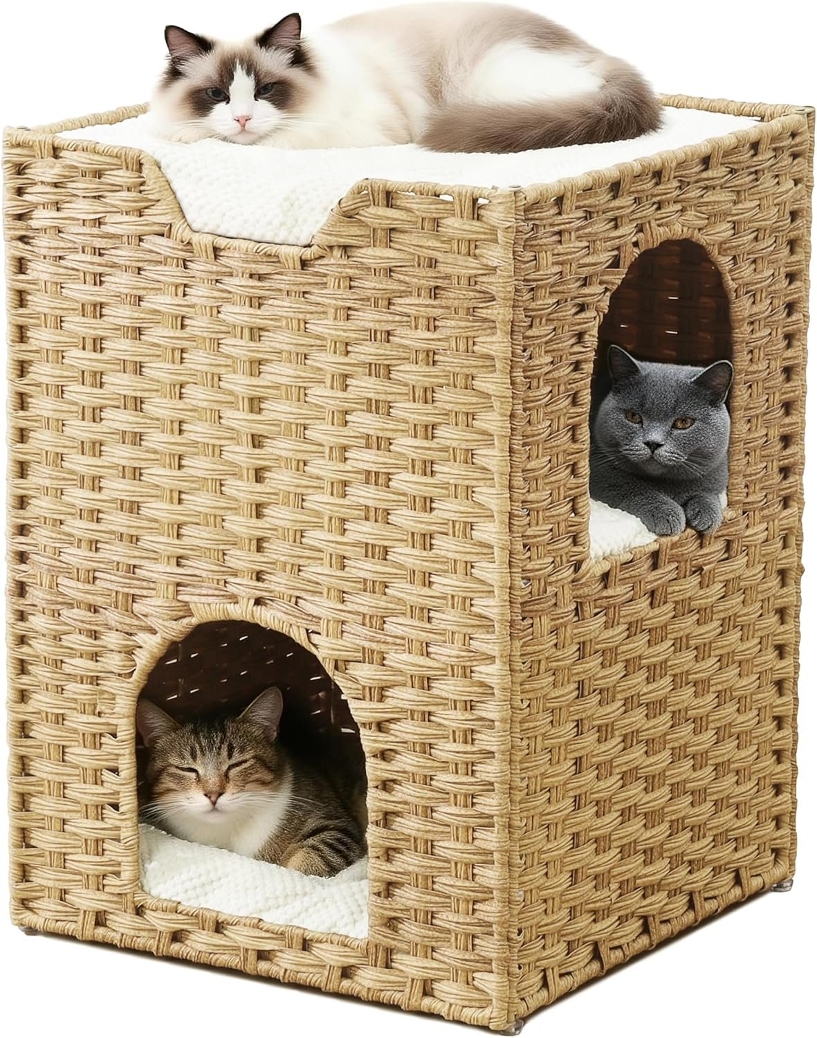 Safety Triple-Layer Cat House for Indoor Cats – Hand-Woven Rattan Cat Cave with 2 Hideaways & 3 Soft Pads – Foldable & Sturdy Cat Condo Furniture for Multiple Cats & Small Pets, Easy Assembly