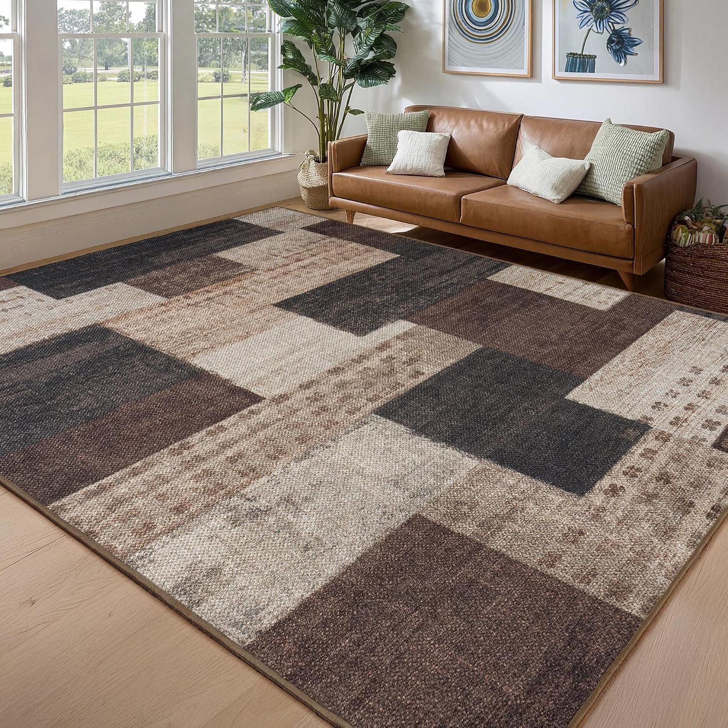 Modern Outdoor Patio Rug, Geometric Patchwork Rug for Living Room, Brown
