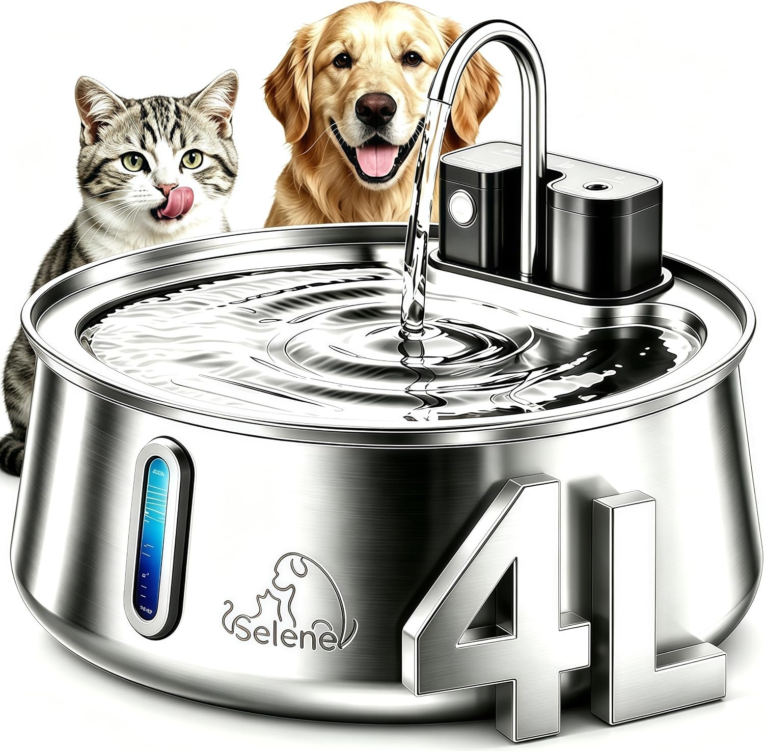 Selene Dog Water Fountain, for Cats and Dogs, 4.0L/135oz Large Capacity with 4000mAh Battery (60 Days Operation), 3 Smart Modes & 25dB Ultra-Quiet (Pet Water Dispenser Set)