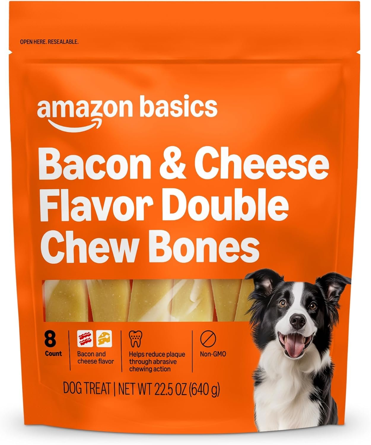 Amazon Basics Double Chew Bone Dog Treats, Bacon and Cheese – 8 Count, 1 Pack