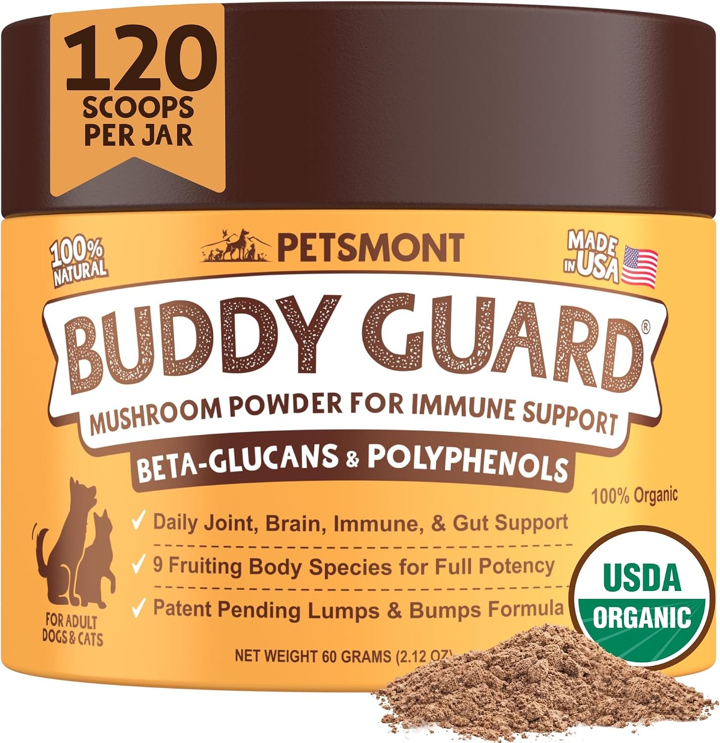 Petsmont Buddy Guard for Lumps and Bumps, Lipoma for Dogs & Cats, Patent Pending Organic 9 Mushroom Powder Blend Natural Dog Probiotic & Immune Support Chaga, Reishi, Lion’s Mane, Turkey Tail Mushroom